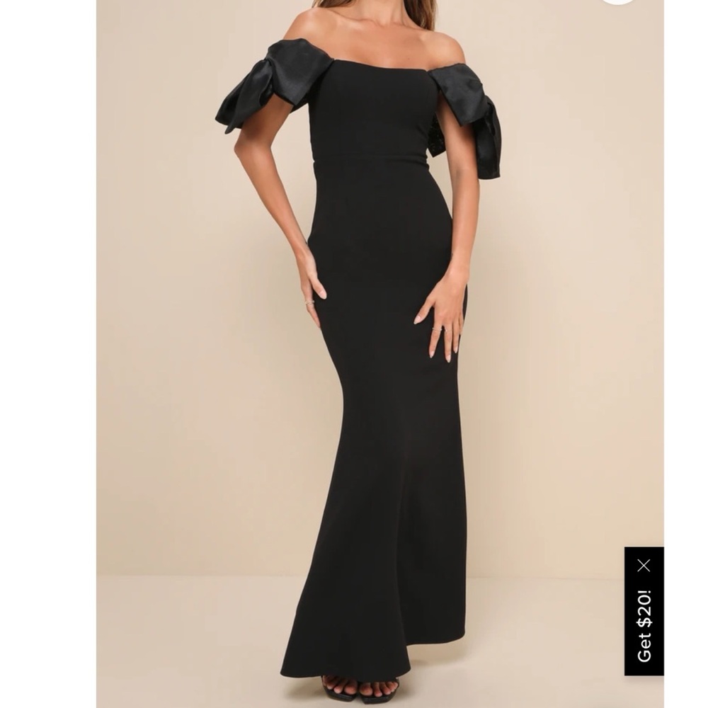 Lulu’s Pristine Sensation Black Bow Off-the-Shoulder Maxi Dress